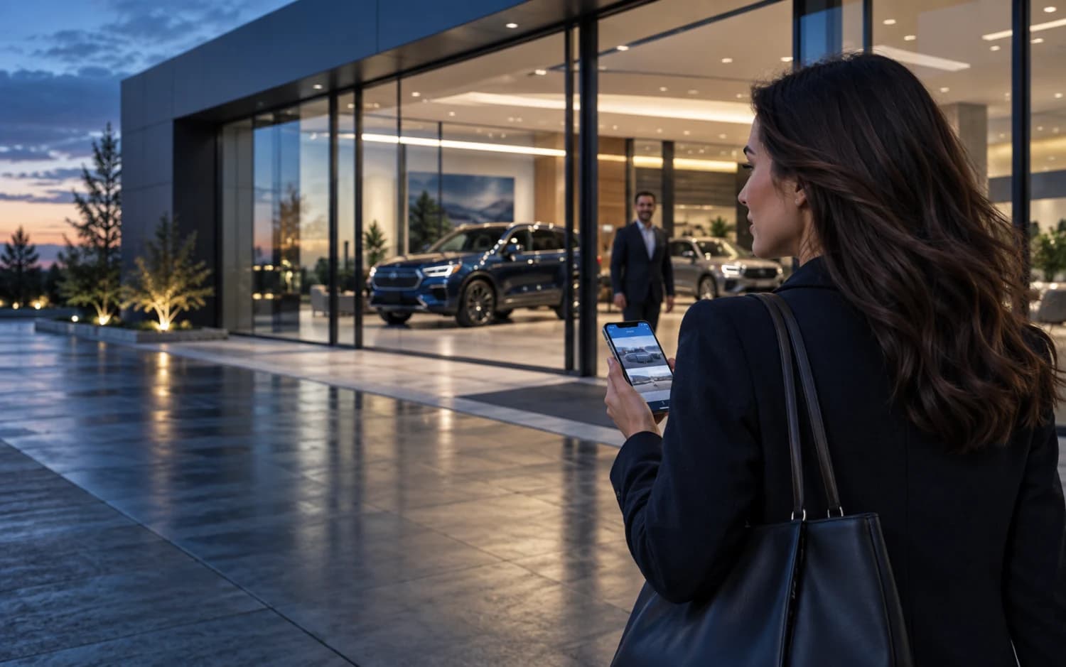 Vehicle shopper continuing a personal dealership buying journey on a phone