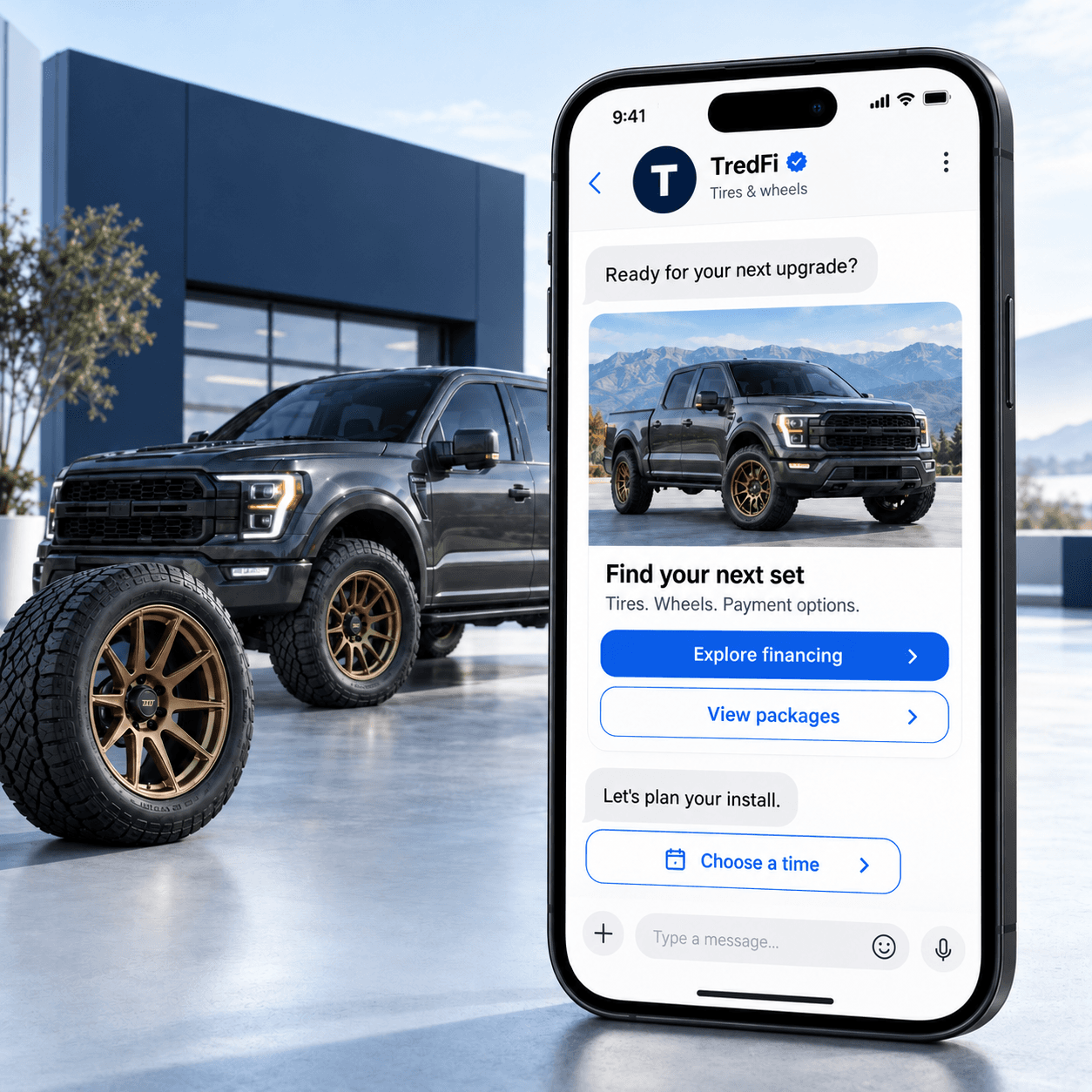 Illustrative TredFi rich-message conversation beside a truck and wheel package, with financing, package browsing, and installation actions