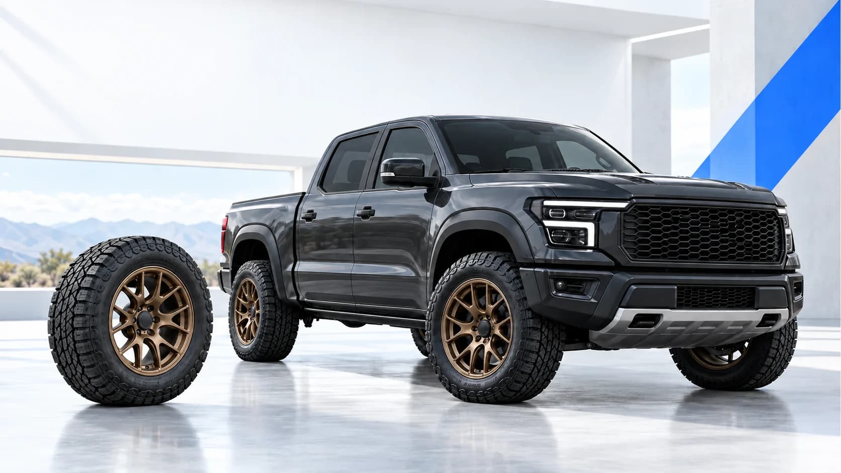 TredFi wheel and tire campaign featuring a charcoal pickup with bronze wheels.